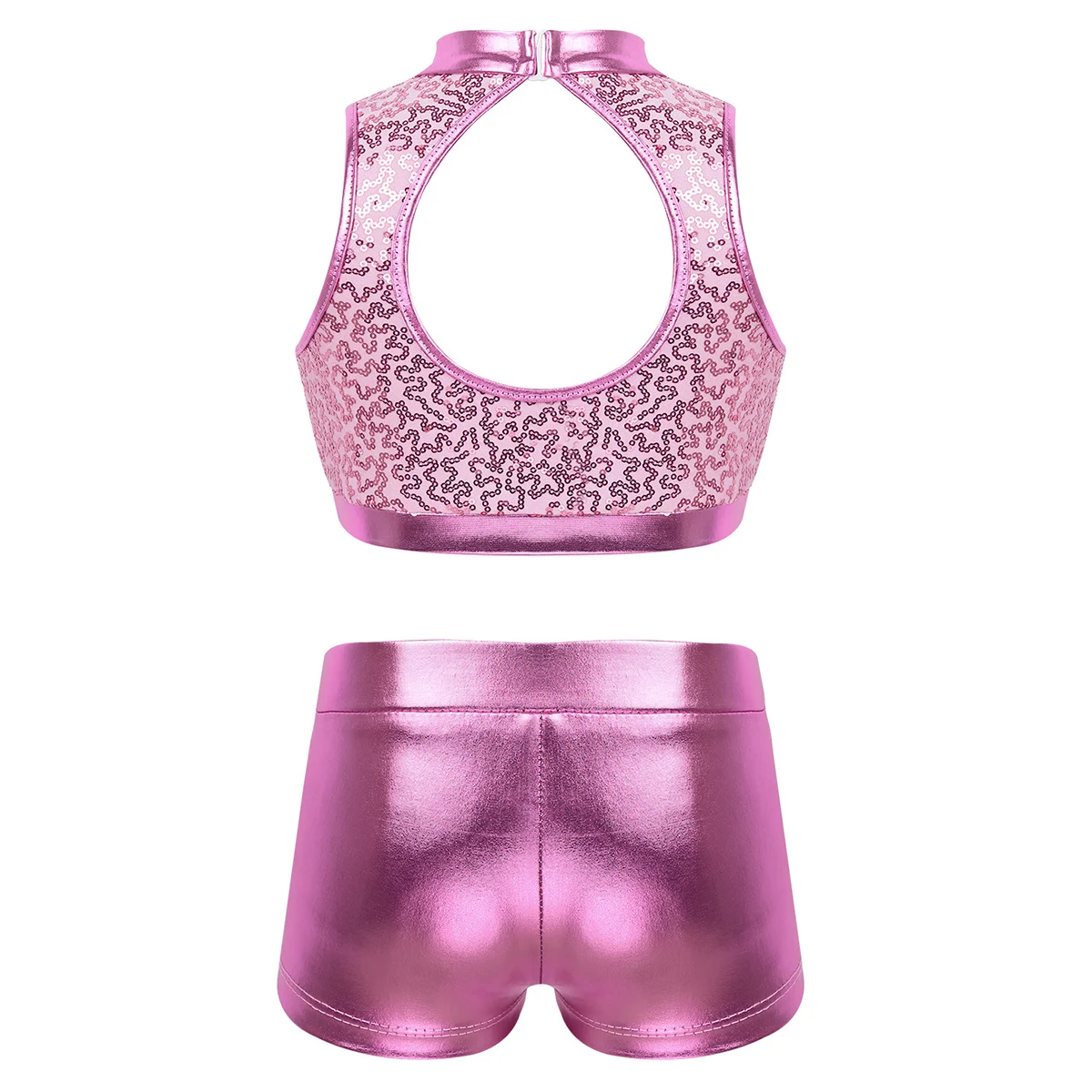 Bambini ragazze balletto danza ginnastica Costume lucido paillettes ritaglio indietro Crop Top con pantaloncini Bottoms Jazz Tap Hip Hop Dancewear