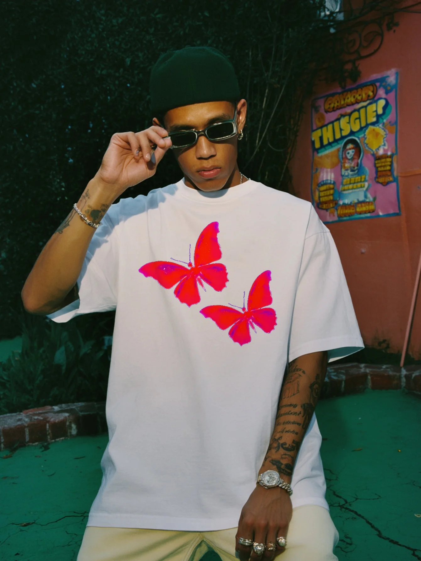 

Teevo Summer T-Shirts 2025 Casual Short Sleeve Round Neck Two Butterflies Blue Background Print Daily Loose T-Shirts For Men