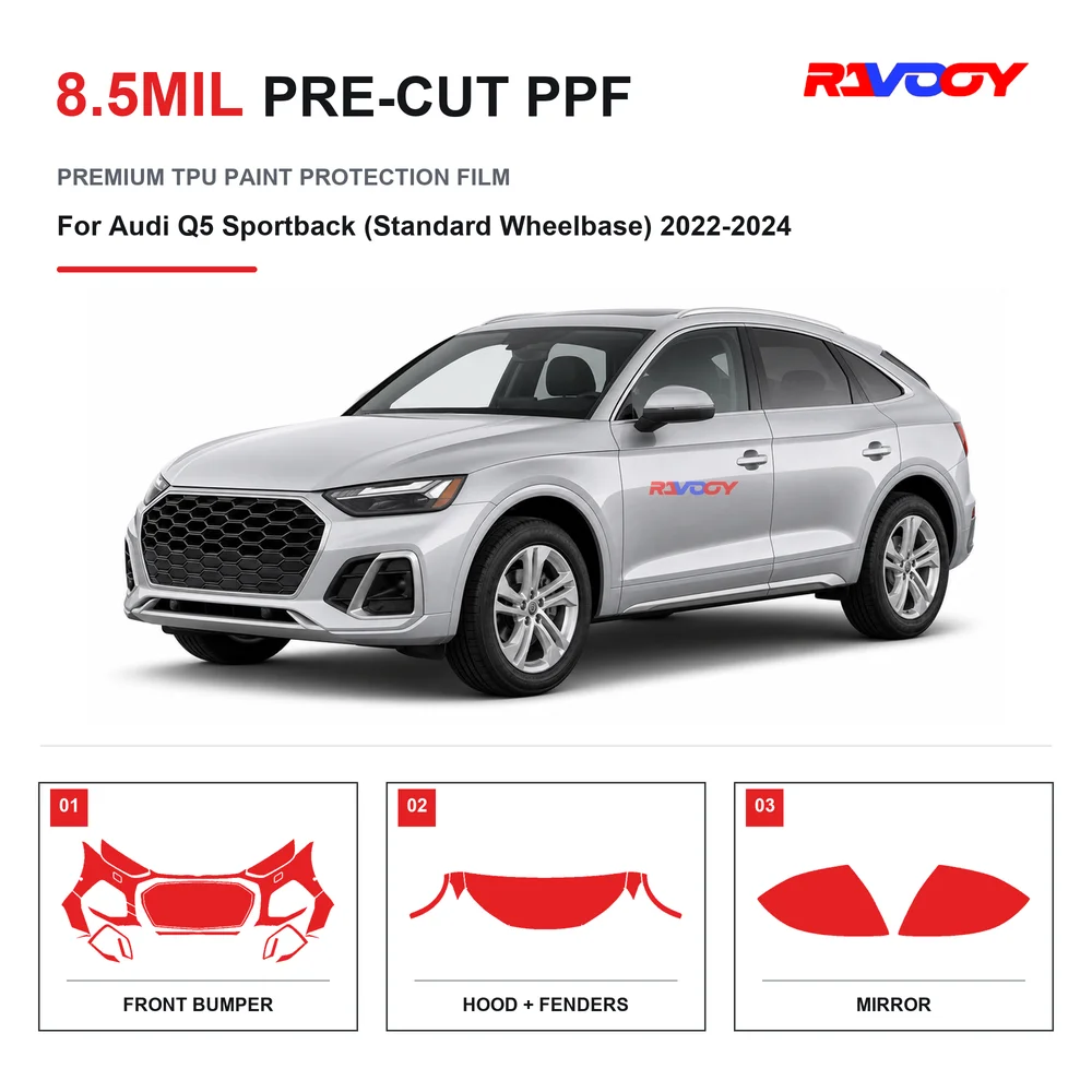 Film de protection de peinture transparent en TPU auto-réparant et hydrophobe, prédécoupé pour Audi Q5 Sportback (entre-essieux standard) 2022-2024, 8,5 mil