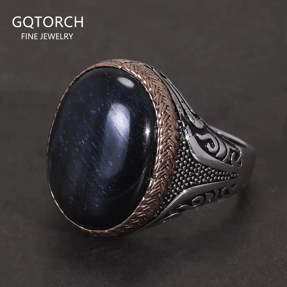

925 Sterling Silver Blue Tiger's Eye Signet Ring Natural Gemstone Hawk's Eye Turkish Ring for Men Retro Punk Male Jewelry