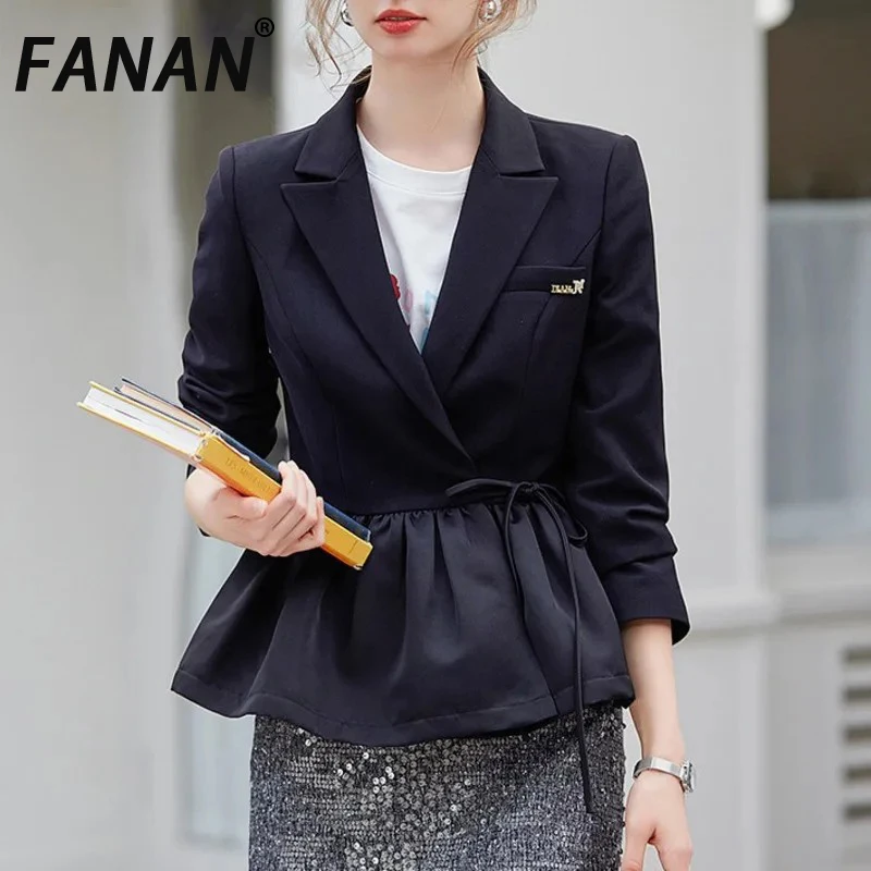 

FANAN New Women's Blazer Spring Autumn 2025 Casual Slim Fit Lace-up Lapel Designer Patchwork Elegant Chic High Quality Fashion