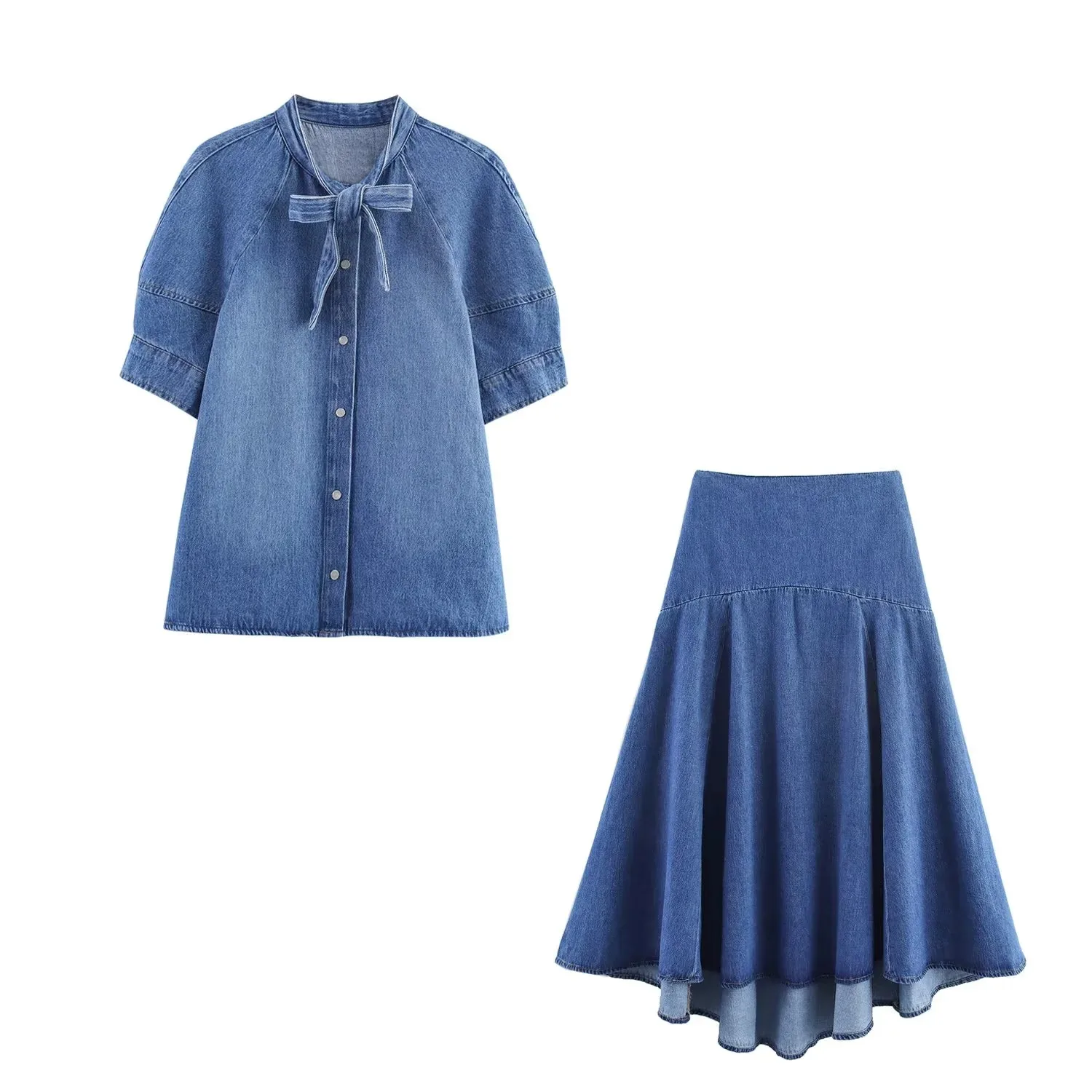 Gonna di jeans decorata con fiocco da donna e camicia con scollo a V con maniche a palloncino Set completo a due pezzi in puro colore a vita alta