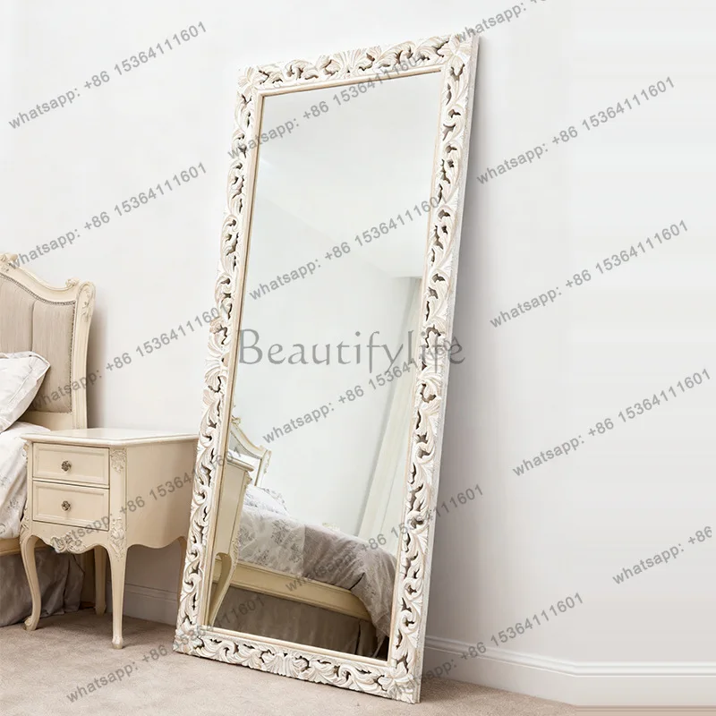 

European retro carved square frame full-length mirror light luxury high-end wall-mounted decorative mirror