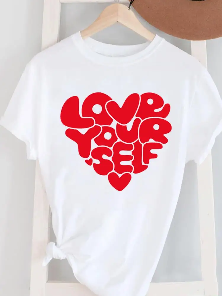 الملابس المطبوعة المحملة المرأة عارضة السيدات الجرافيك تي الملابس أزياء الحلو الحب الكرتون امرأة بيضاء قصيرة الأكمام س الرقبة تي شيرت