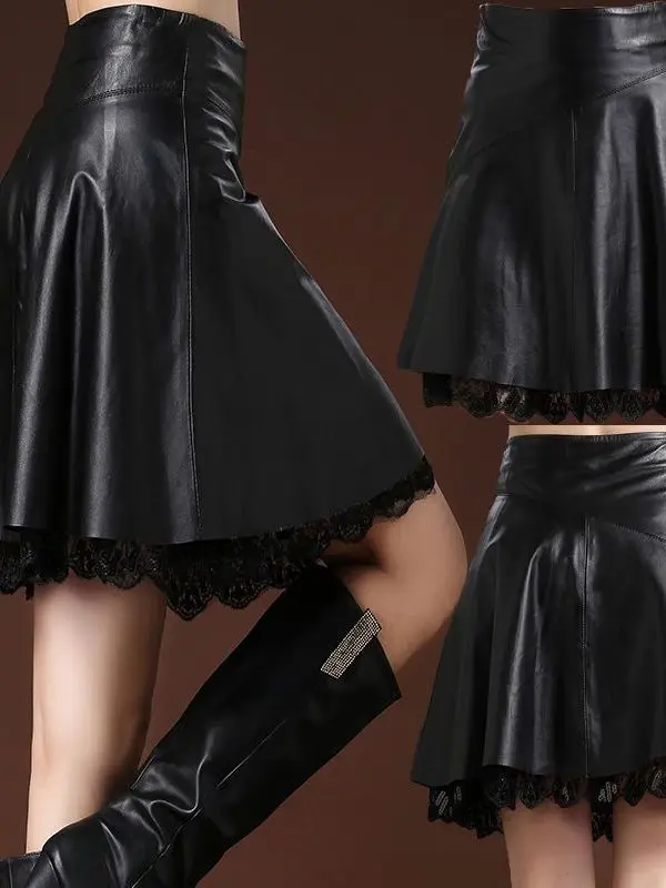 

Плиссированная кружевная юбка-миди из пышной искусственной кожи с высокой талией, юбка-миди Street Sle, весна 2023, чистый цвет