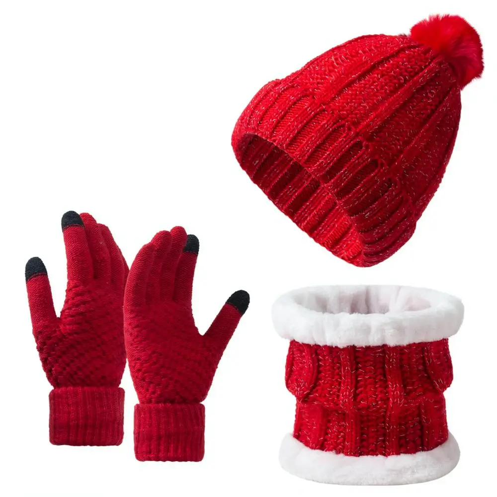Winter Outdoor Knit Hat Scarf Gloves Set Touchscreen Thermal Beanie Neck Warmer Thickened Soft Fleece Lined Warm Apparel