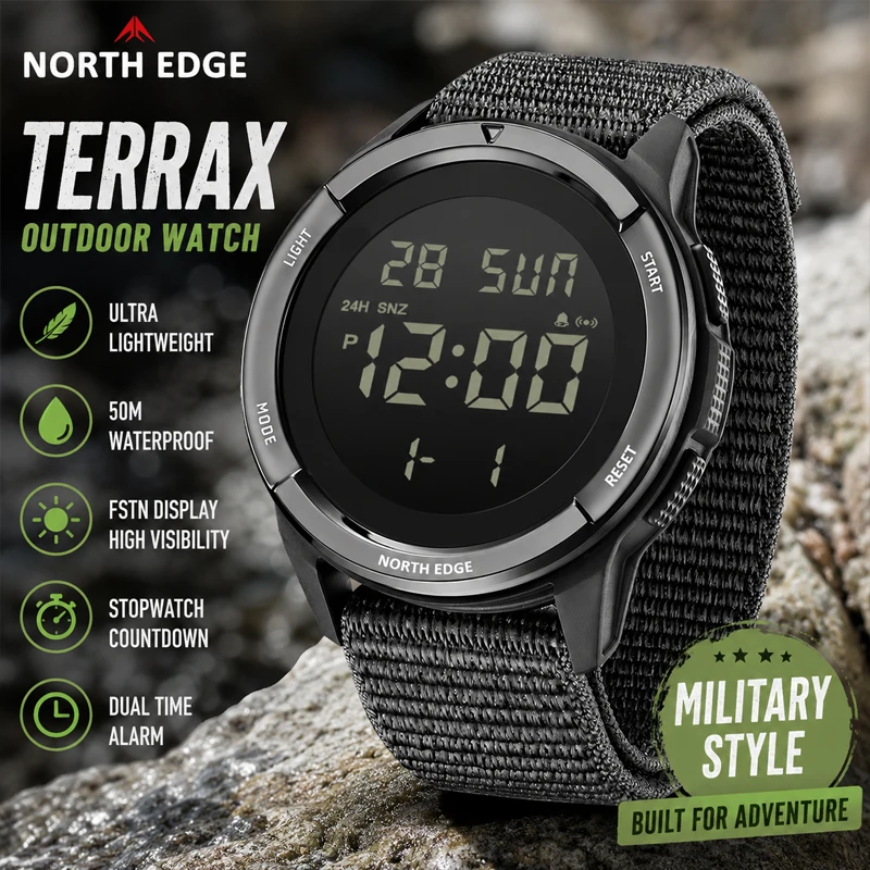 NORTH EDGE 2026 TERRAX Men's Digital Watches Outdoor Sports Swimming Waterproof 50M Stopwatch Countdown Electronic Watch For Men