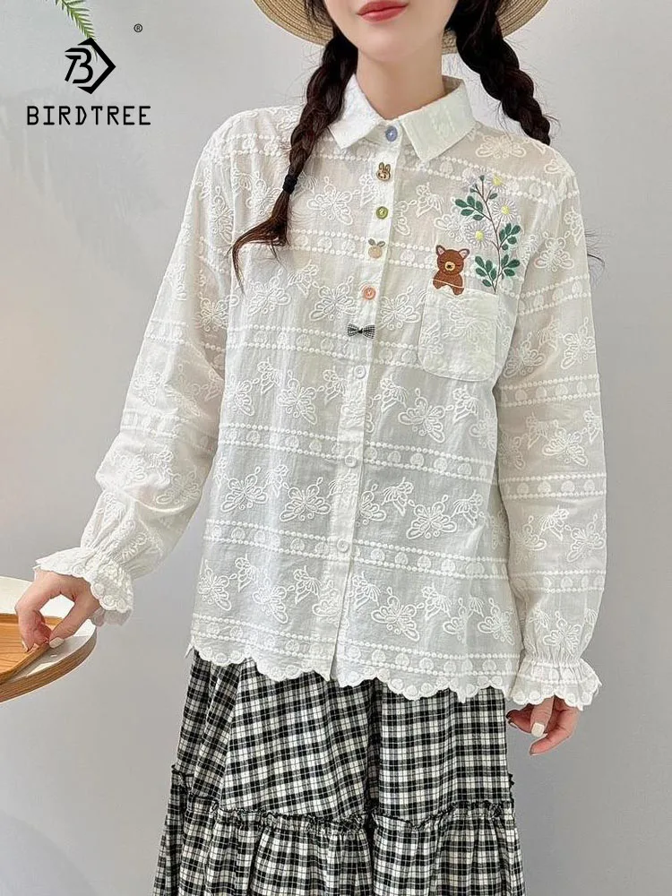 

New 2025 Autumn Cotton Long Sleeve Shirt, Women Turn-down Collar Embroidery, Mori Girl Sweet Age Reduction Loose Blouse T59356CC
