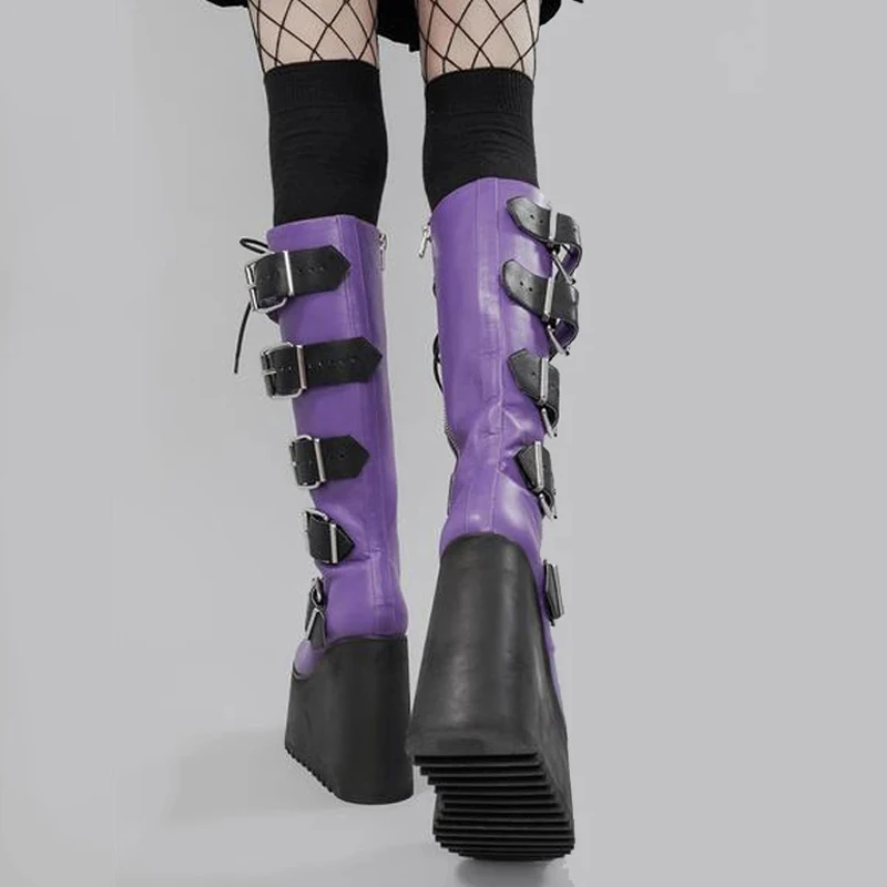 Ladies Purple Lace up Knee High Heel Platform Boots Gothic Metal Decorative Women\'s Boots Zipper Wedge Heel Prom Boots