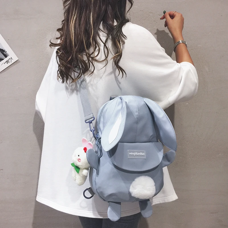 Large-capacity Cute Nylon Rabbit Ear Backpack For Girls 2022 Student School Bag Female Solid Color  Academic Style Messenger Bag