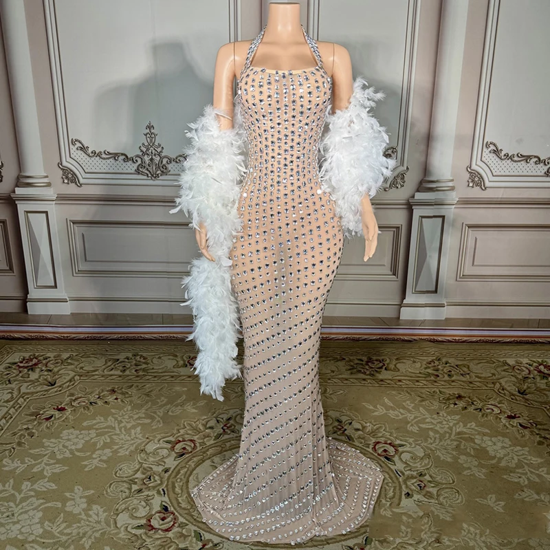 

Женские свадебные банкетные вечерние платья со стразами, праздничное платье с хвостом, шаль с перьями, сценические наряды для подиума XS10140