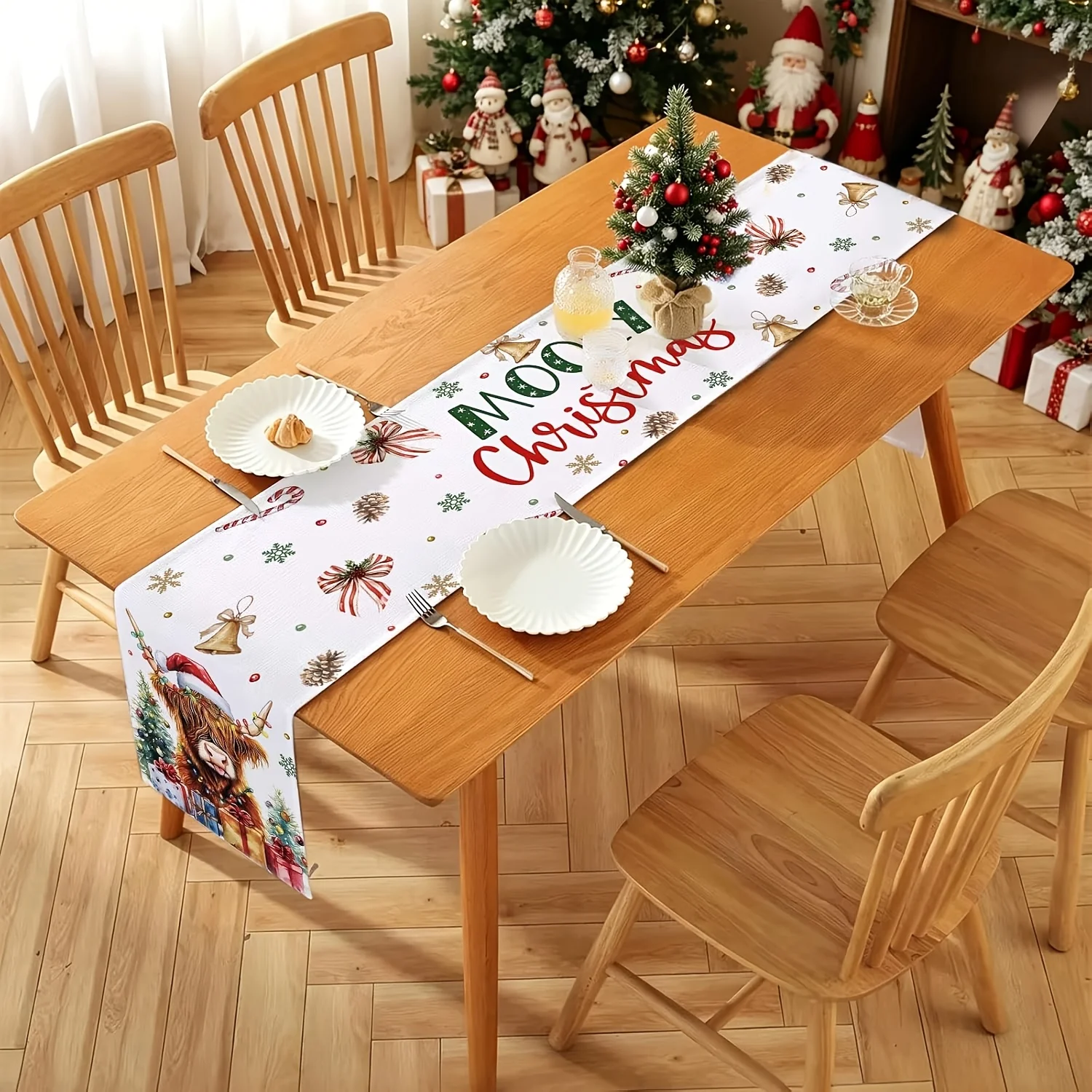 1pc Christmas Decor Table Runner Highland Cow Xmas Tree Merry Christmas Pattern Winter Decor for Dining Room Kitchen Party Decor