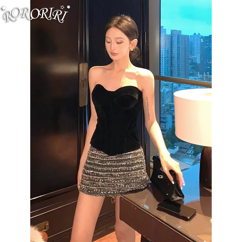 

RORORIRI Solid Velvet Strapless Boned Corset Top Women Off-shoulder Desire Slim Crop Top Sleeveless Vest Grayu Vintage Clothes