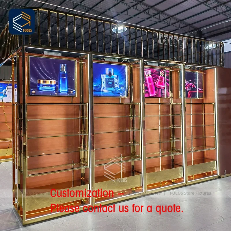 

custom.Custom Retail Display Showcase Cabinet Glass Shelves Metal Frame with LED Lighting Perfume Display Stand