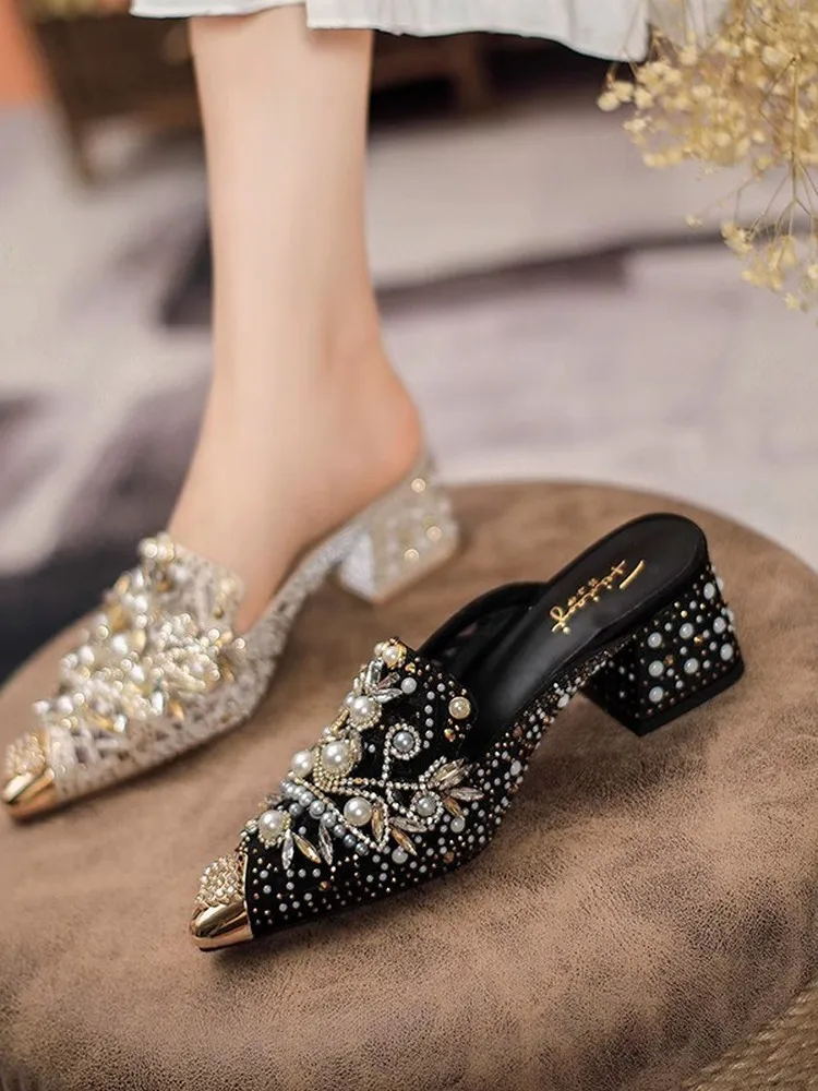 Handmade Bead Embellished Mesh Slip-On Shoes Women's Fashion Mules Low Heel Sharp Pointed Toe Daily Wear Spring Summer