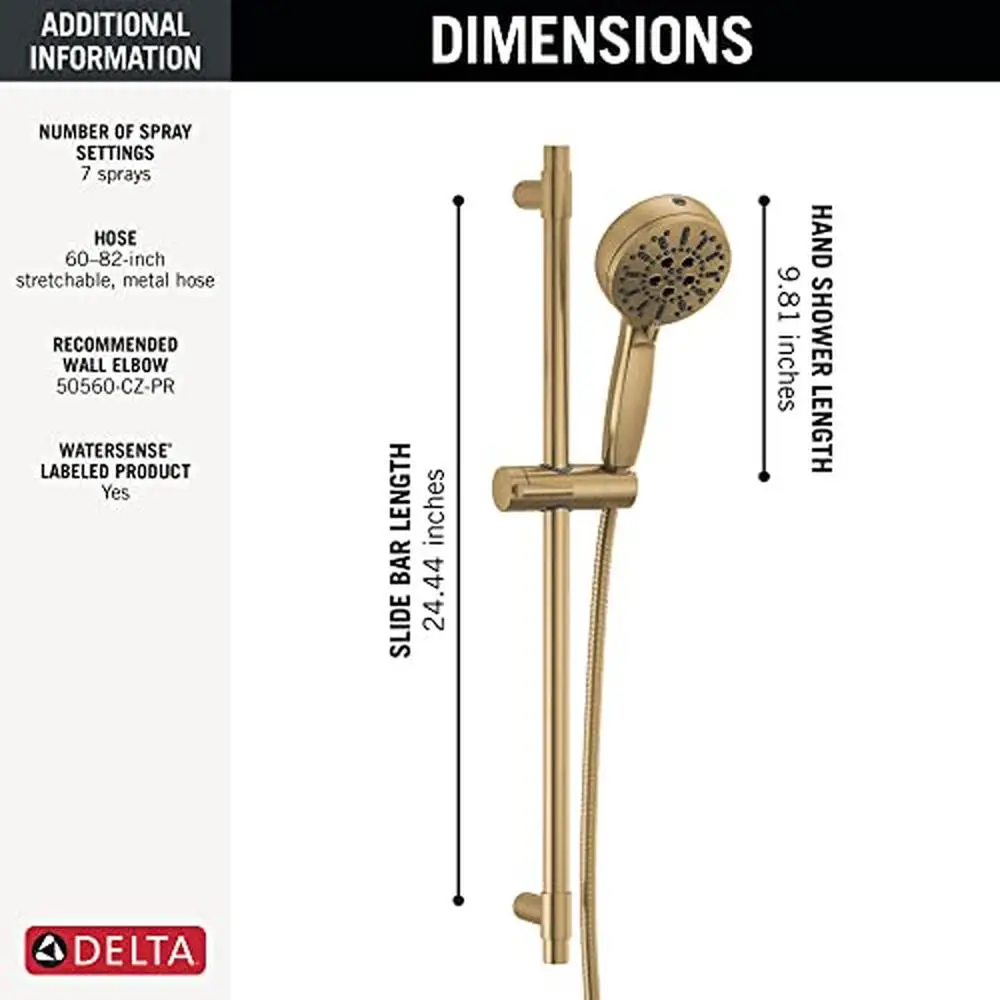 Gold ProClean Handheld Shower System with High Pressure Spray Wide Coverage Slide Bar Hand Shower 7 Powerful Spray Options