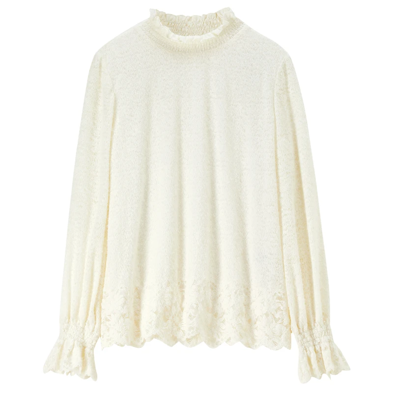 SENTUBILA femme élégante Blouses col mi-haut évider tricot Blouses femmes 2025 hiver nouveau manches évasées haut en dentelle Q54SA4998