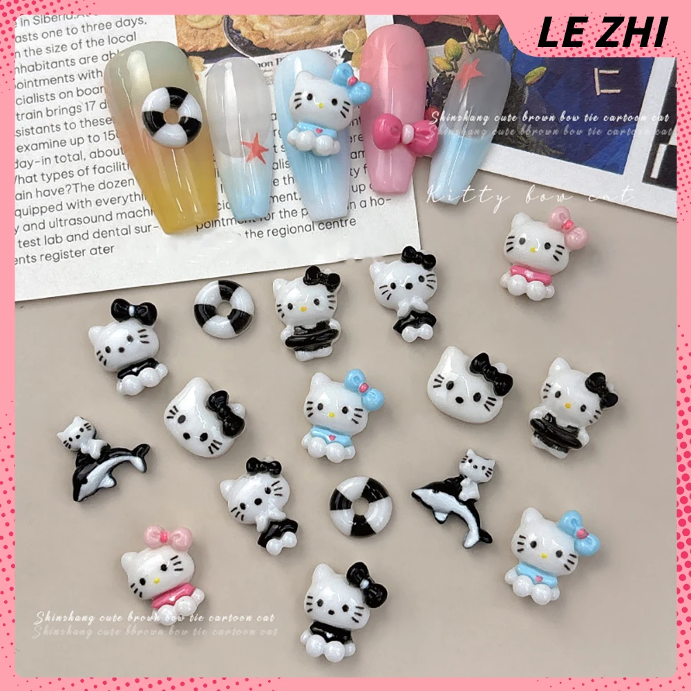 20Pcs New Black Series Hello Kitty Cartoon Holiday Swimming Ring Bowknot Nail Art Accessories Resin Diy Nail Decoration