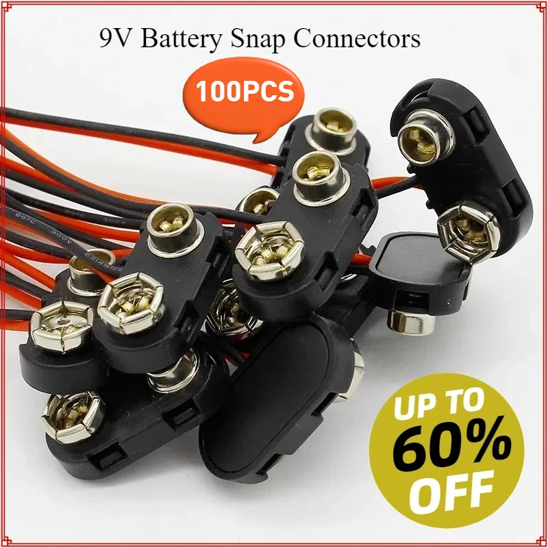 

100pcs 9V Battery Snap Connector Clip Lead Wires Holder Red Wired 9 Volt Battery Clip Connector Battery Holder for Arduino