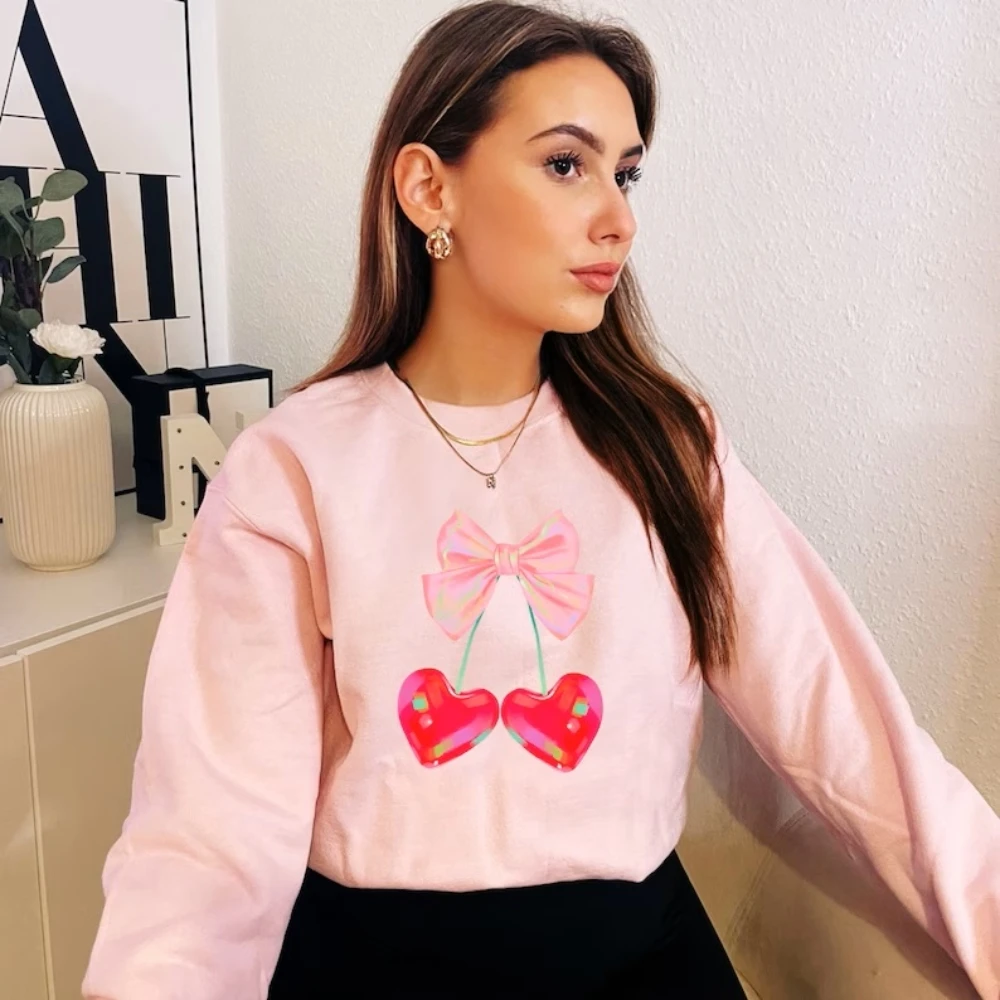 Coquette Aesthetic Cherry Bow Sweatshirt Soft Girl Era Pink Ribbon Sweater Preppy Harajuku Fashion Crewneck Cute Pullover Shirt