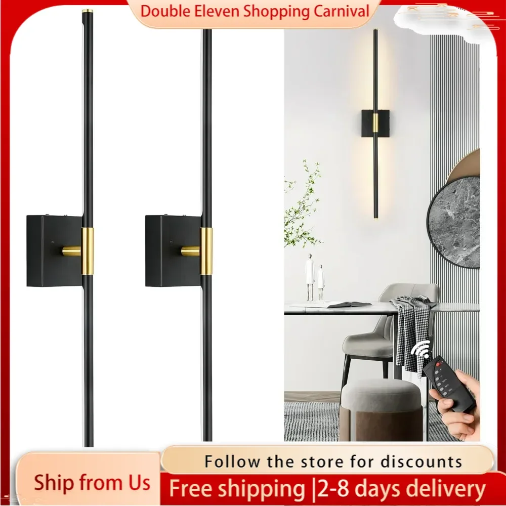 Battery Operated Wall Sconces Set of Two, Dimmable Wall with Remote Control, Black Gold Rechargeable , 30 Inch LED Wireless