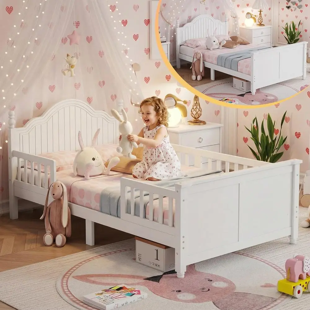 

Twin-Size Kids Bed Frame with Rails, Low Wood Platform Bed with Headboard and Footboard, Montessori Style Twin Bed with Storage