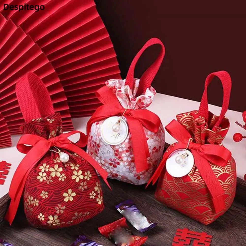 Korean Canvas Festive Floral Drawstring Bag Ribbon Bow Sugar Bag Flower Bowknot Pearl Wedding Candy Bag