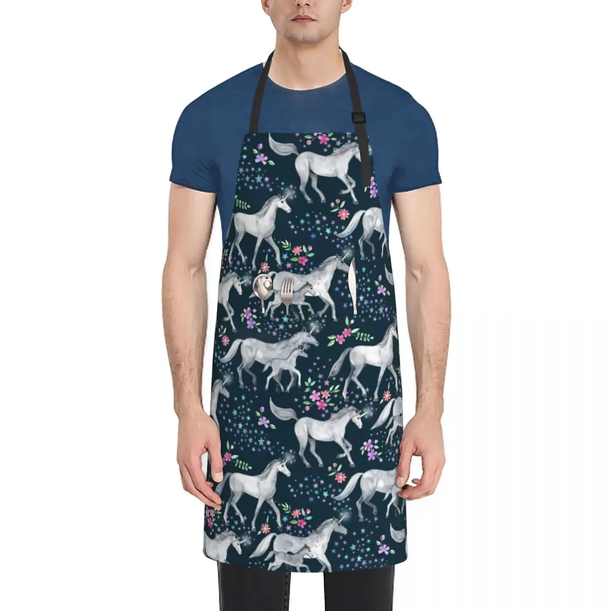 Unicorns and Stars on Dark Teal Apron kitchen item Kitchen Handle For Women Apron