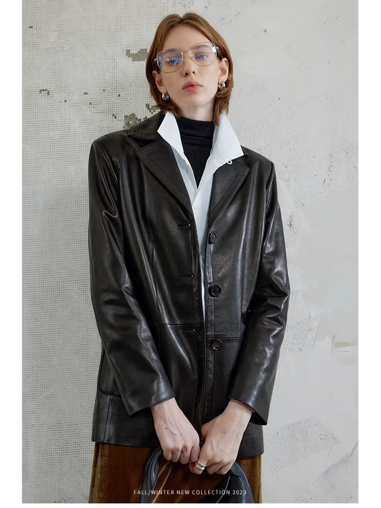 

Retro Genuine Leather Blazer Jackets for Women Spring Autumn 2026 New High-end Simple Solid Classic Loose Real Sheepskin Coat