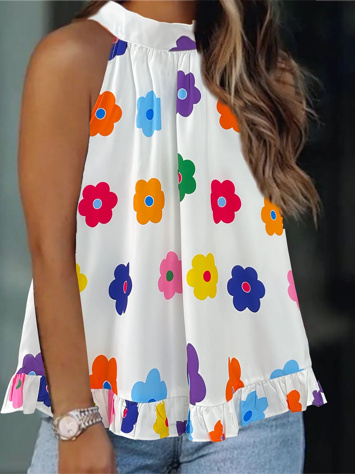 Tirantes de chaleco urbano elegante de color sólido con hombros descubiertos y cuello halter fresco y a la moda para primavera y verano de talla grande para mujer 。