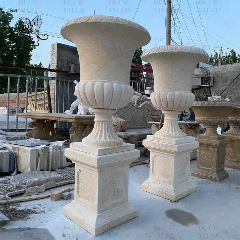 for Western Garden Decoration Classic Natural Stone Travertine Vase Pot Beige Marble Pot