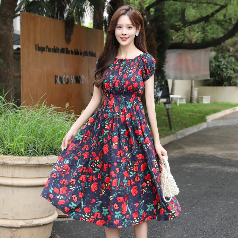

Chic and Elegant Woman Floral Dress Summer 2023 New Short Sleeve Sexy Beach Dress Korean Fashion Summer Female Clothing