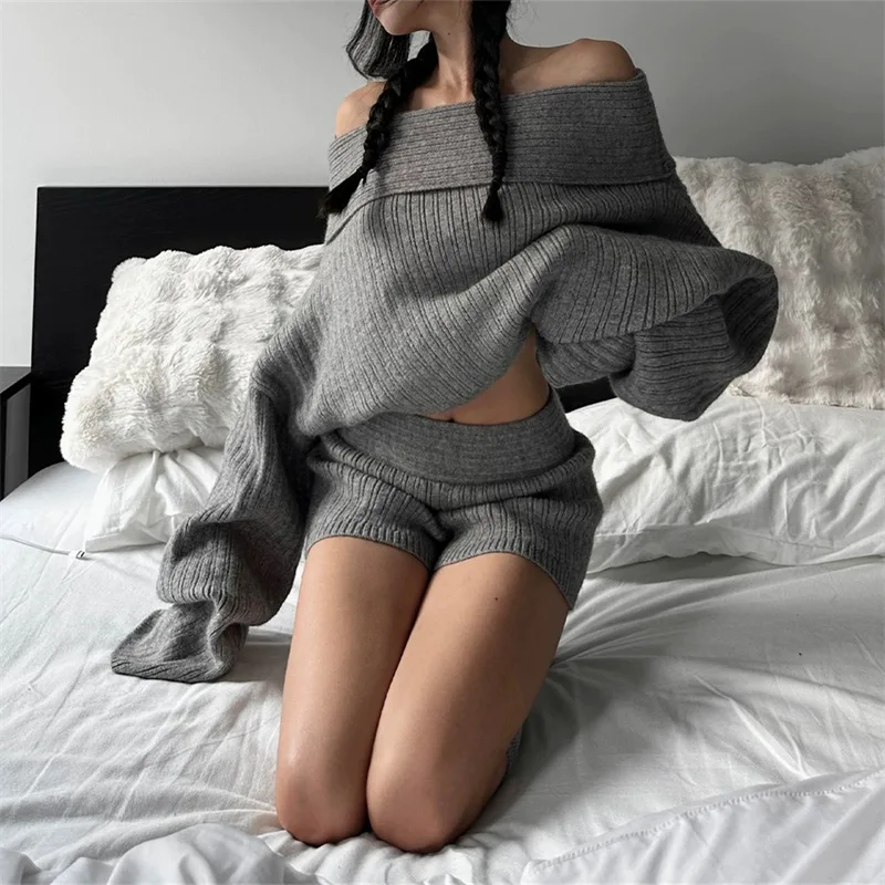 

Hot Girl Knitted Two Piece Set Women Autumn Winter Off Shoulder Pullover Sweater Shorts 2 Piece Sets Knitwear Outfits Streetwear