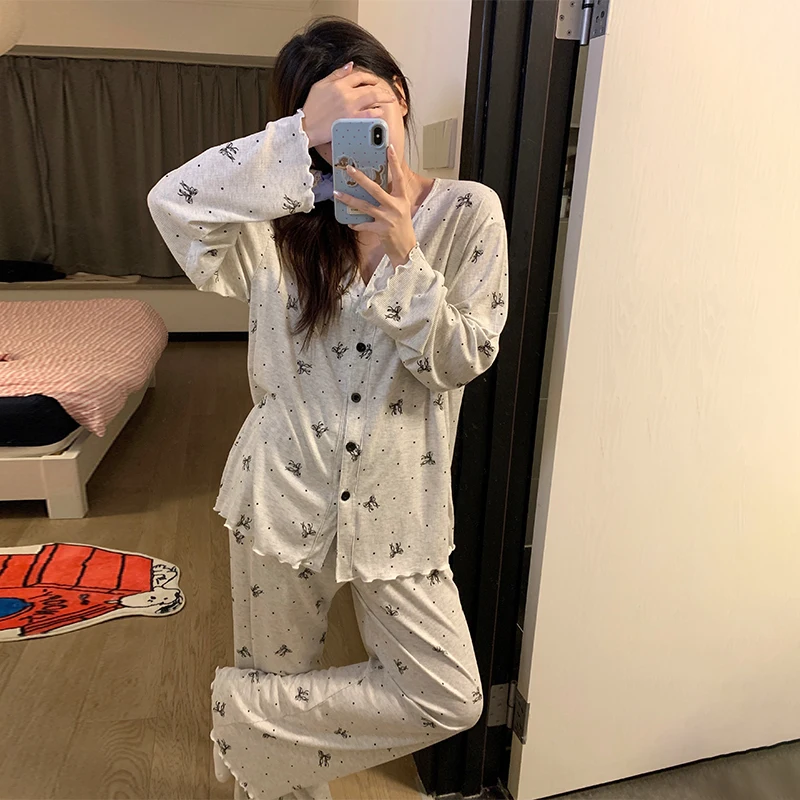 

Retro Full-print Sweet Bowknot Pajamas Set Women's Summer Cardigan Long Sleeve Trousers Loose Home Clothes Suit