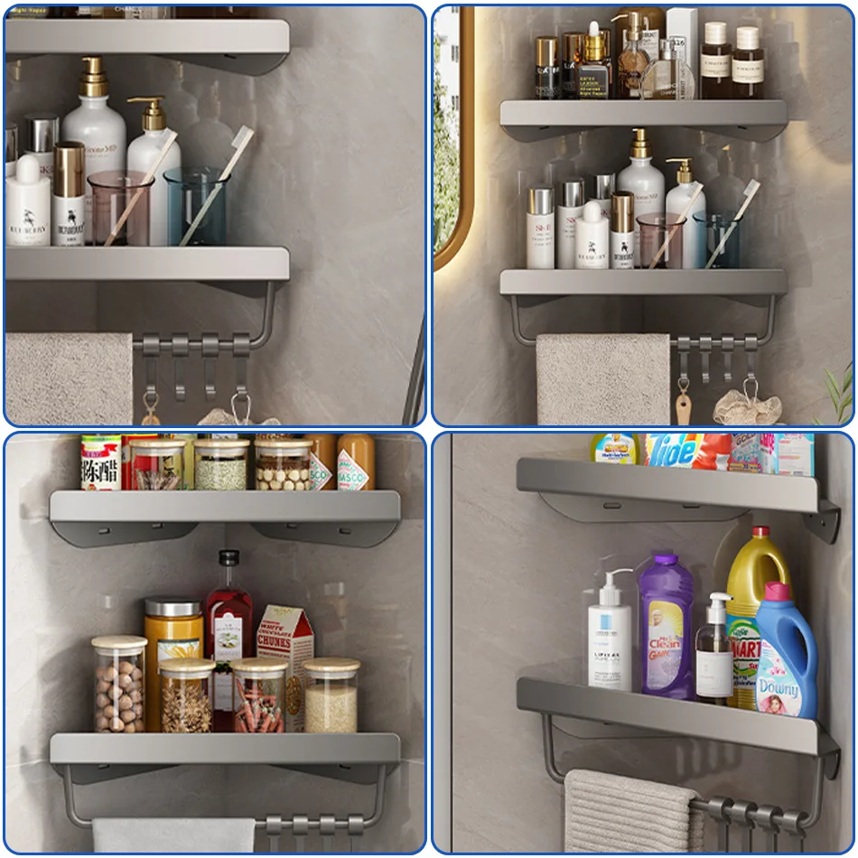 Bathroom Triangle Shelf with Hooks Grey Black Iron Metal Wall Mounted Lavatory Soap Storage Organizer Corner Rack for Kitchen