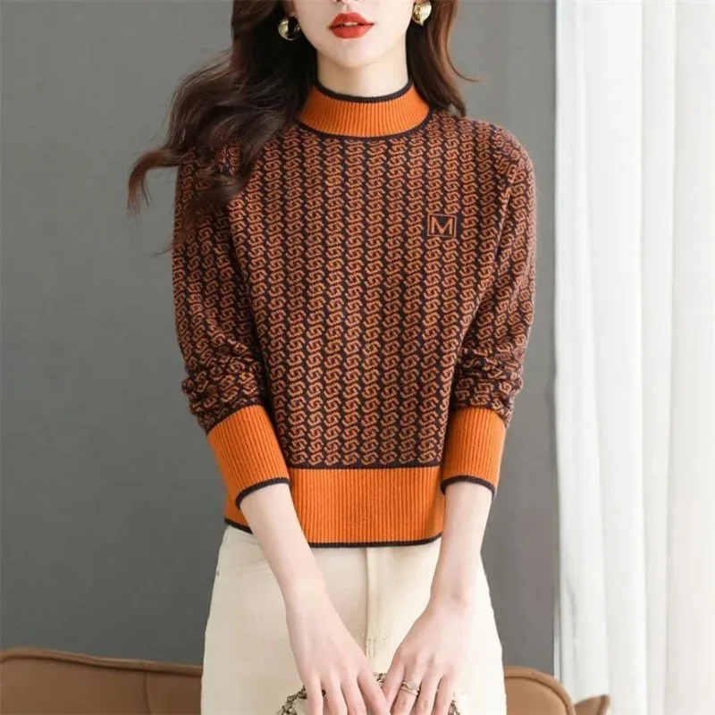 Autumn and Winter Women\'s Contrast Color Half High Collar Long Sleeve Short Sweaters Jumpers Vintage Fashion Casual Tops