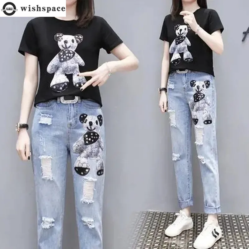 Women's Suit 2023 Spring and Summer Cartoon Round Neck T-shirt Top+holes Casual Jeans Elegant Women's Two-piece Suit