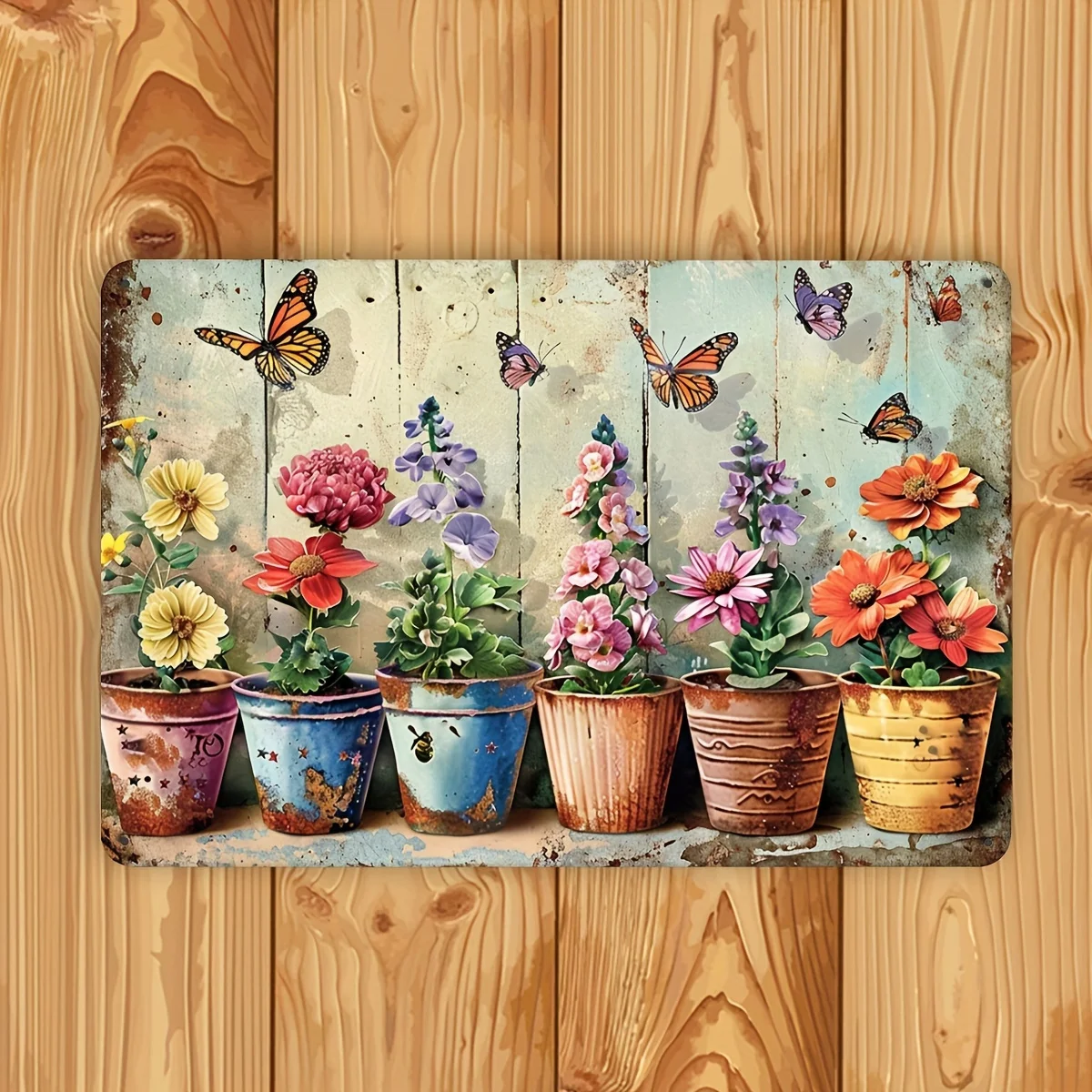 1pc Vintage Metal Wall Decor - Hand-Painted Rustic Wrought Iron Garden Sign with Colorful Pansies, Daisies, and Hydrangeas, Vint