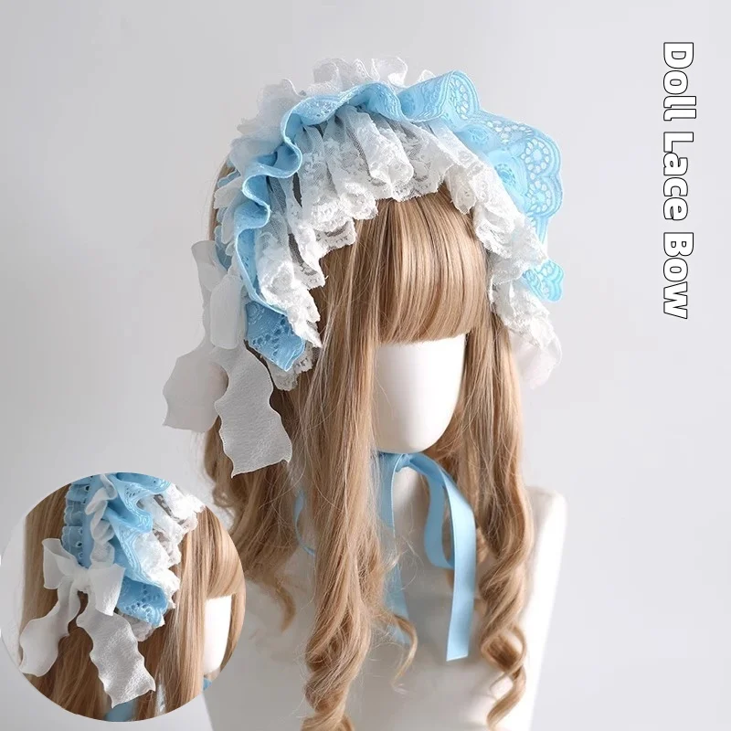 Japanese Original Lolita Lace Headband Doll Sweet Water Color Bow Maid Cosplay Headpiece Subculture Lolita Hair Accessories