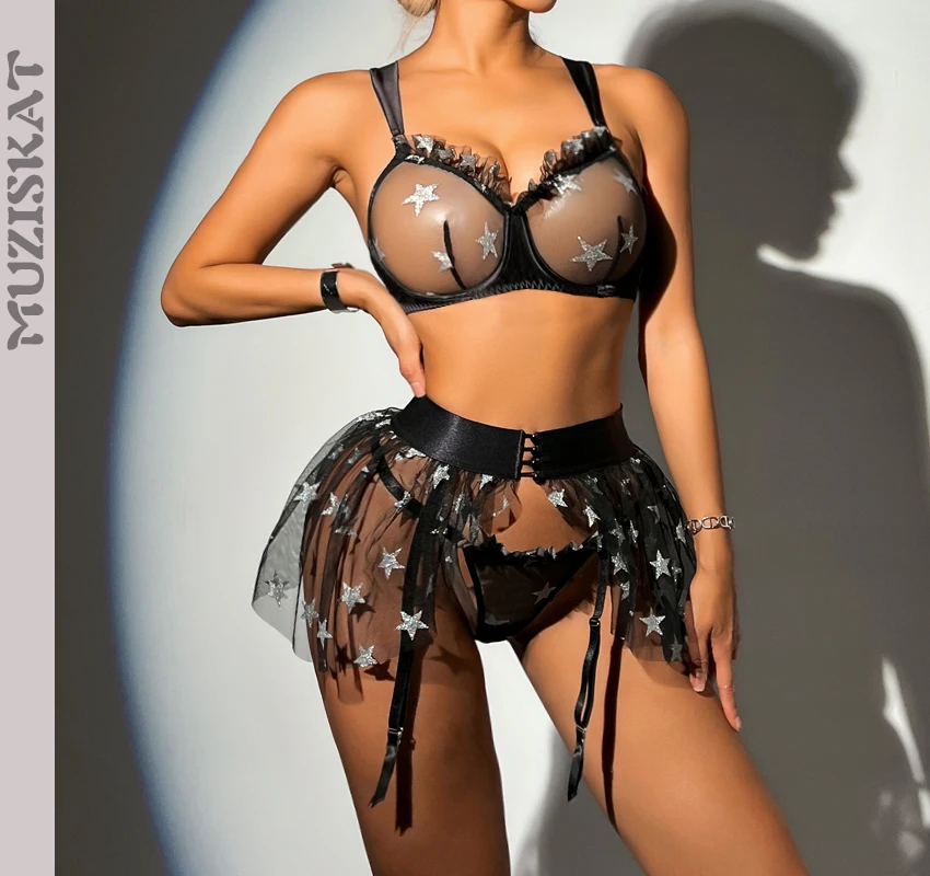 MUZISKAT Erotic Lingerie Set 2024 Fashion Star Print See-Through Mesh Sexy Lingerie Three Pieces Onlyfans