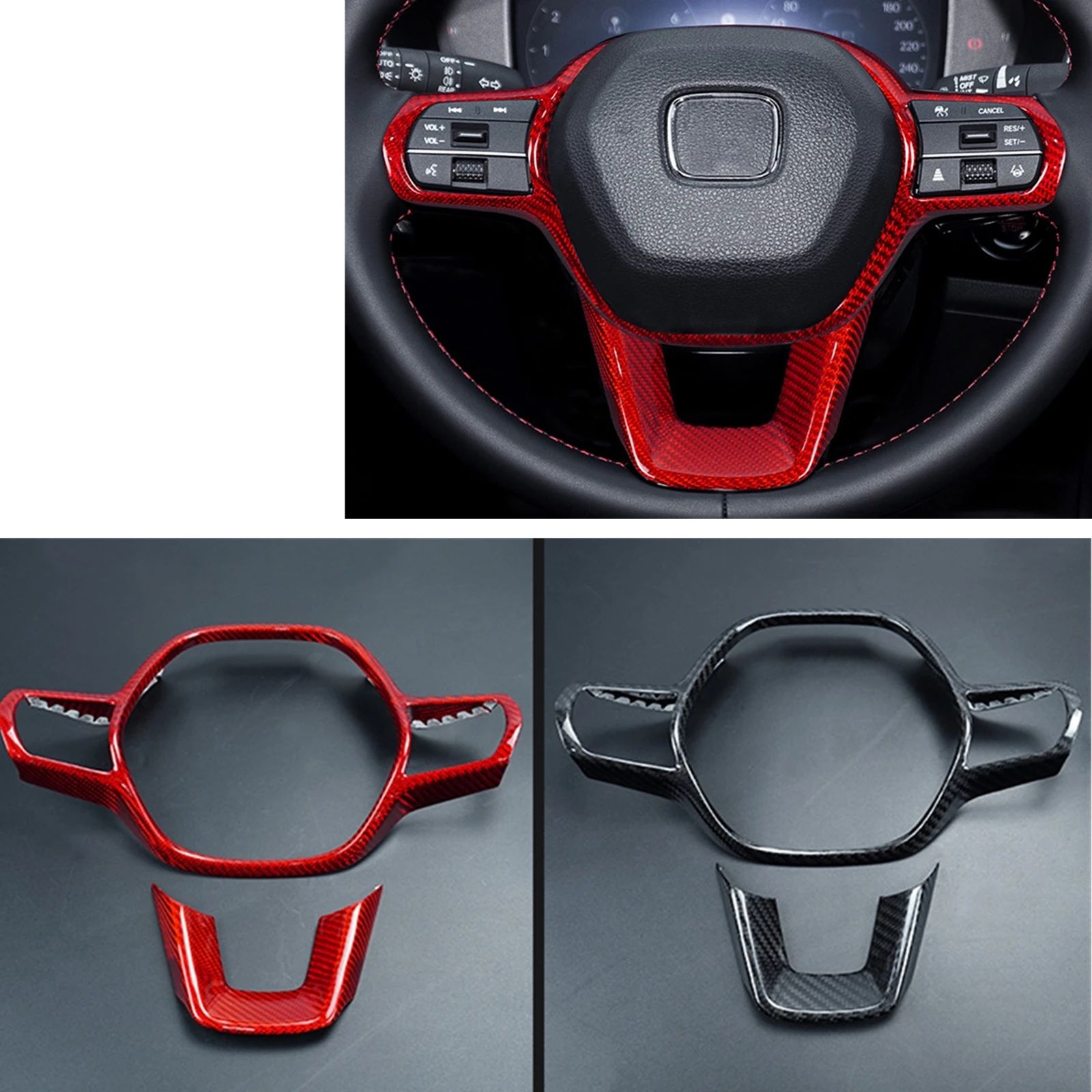 

Real Hard Carbon Fiber Black/Red Steering Wheel Panel Cover Frame Trim For Honda Civic 2022-2023 11th Gen All Models