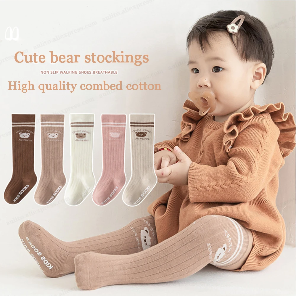 Spring Autumn Kids Knee High Socks Baby Girls Boys Bow Long Soft Cotton Warm Stockings Children Hollow Out Socken for 0-5 Years