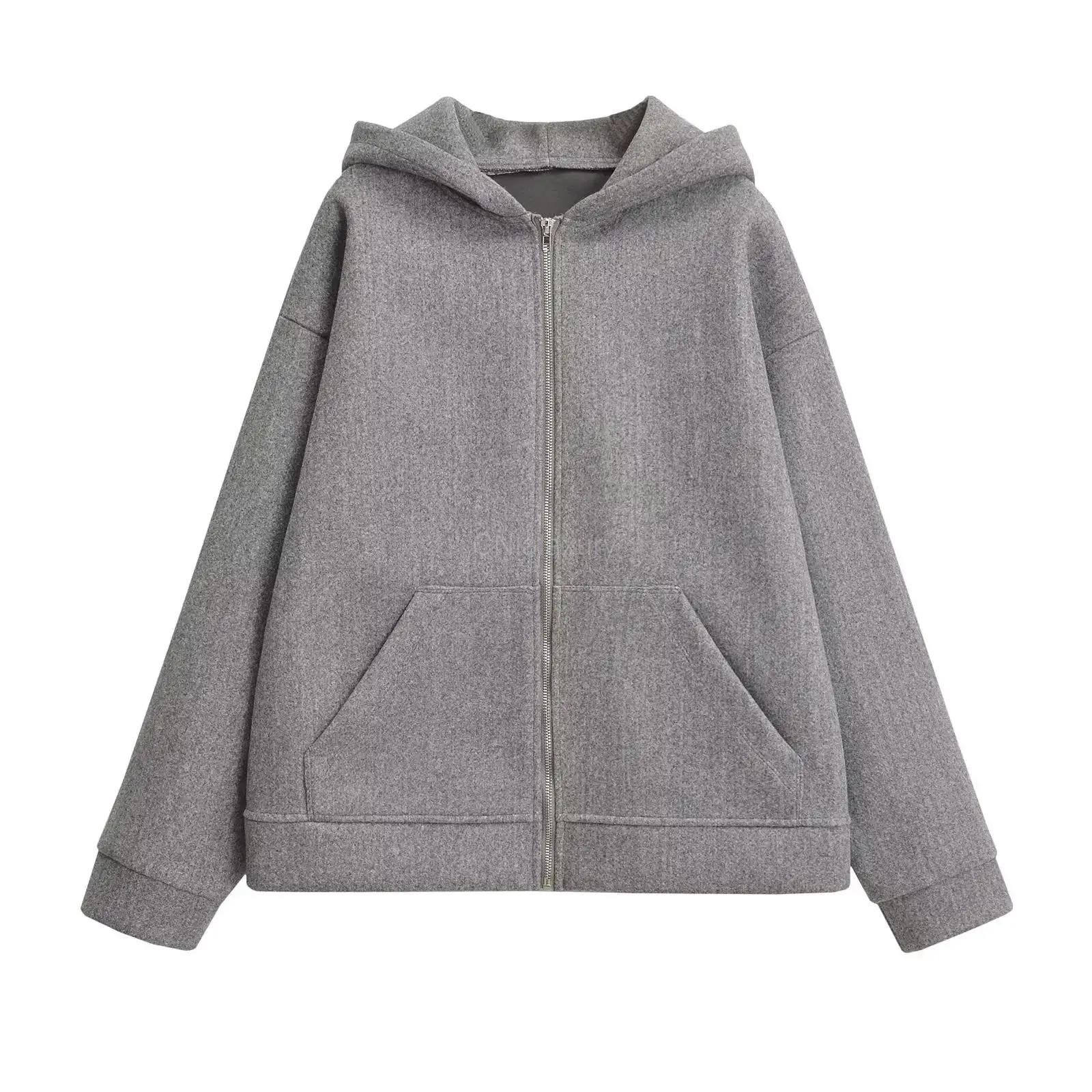 CNlalaxury 2024 Autumn New Women Fashion Pockets Zipper Hooded Jackets Coat Solid Casual Simple Commute Overcoat Female Tops