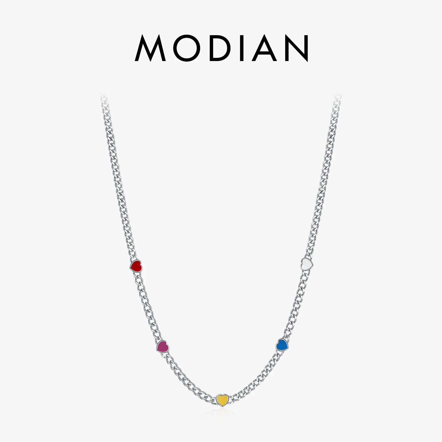 

MODIAN 925 Sterling Silver Colorful Heart To Heart Enamel Choker Pendant Necklace Link Chain Charm Necklace For Women Jewelry