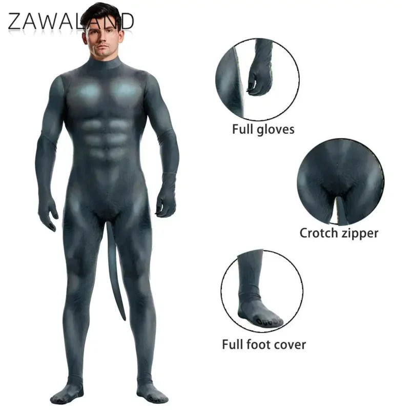 Zawaland Halloween kostium zwierzęcy z ogonem Cosplay Petsuit dla człowieka Zip krocza karnawałowy kombinezon wakacyjny Zentai body strój