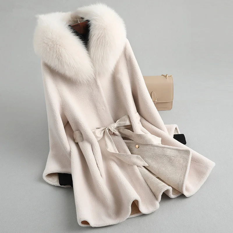 

Fur 2023 Real Coat Winter Jacket Women Fox Fur Collar Sheep Shearling Fur Jackets 100% Wool Coat Female Suede Leather -5