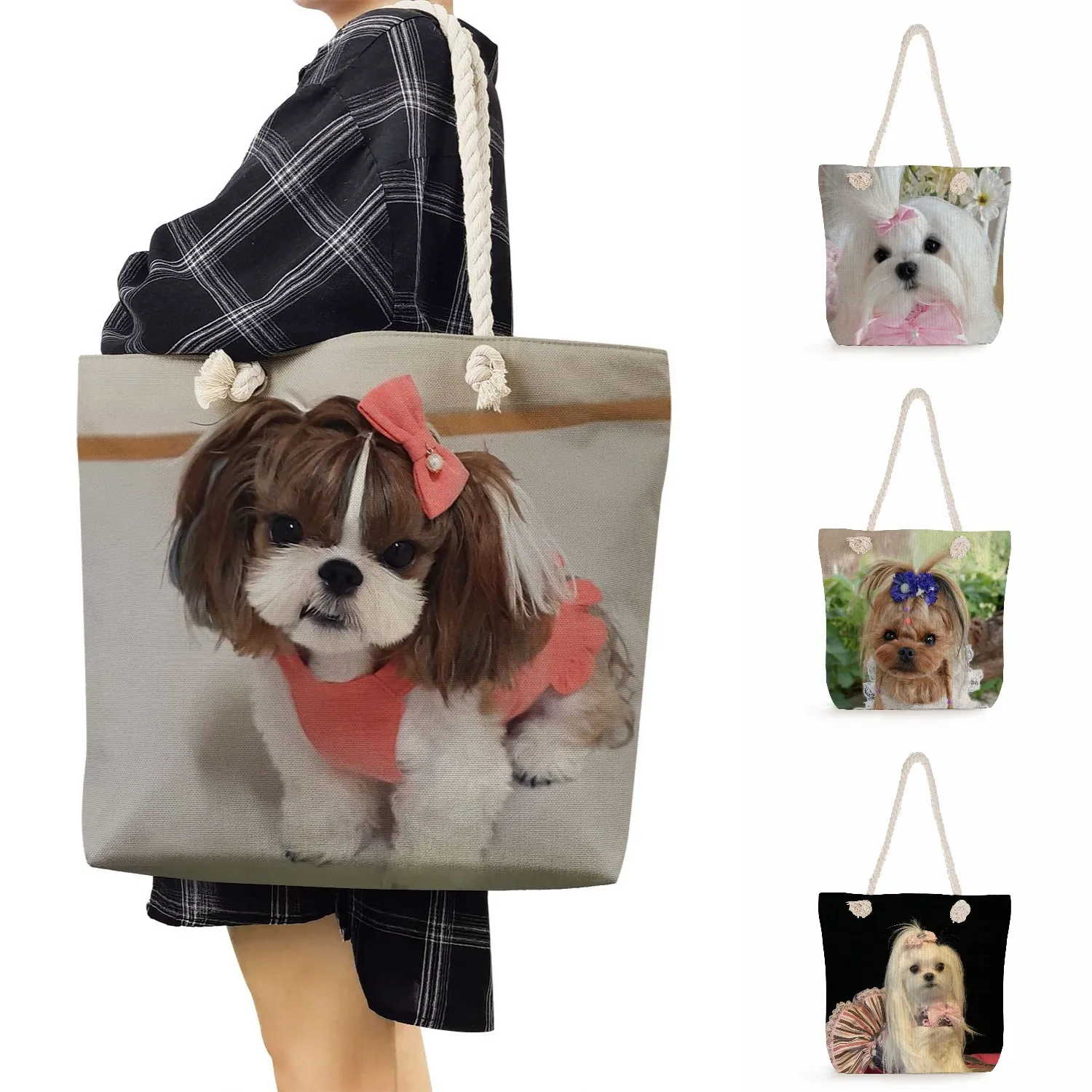 Casual Kawaii Shih Tzu Dog Handbags Cute Animal Print Women Shoulder Bags Shopping Bag High Capacity Thick Rope Practical Travel