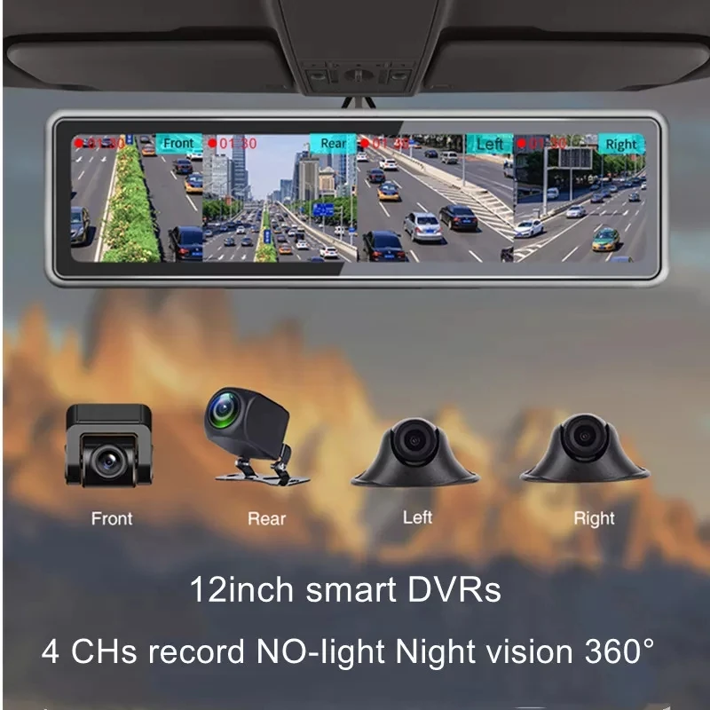 360 Degree Car Camera Mirror Dash Cam 12 Inch Touch Screen 4 Lens Dash Camera Car DVR Video Recorder Rear View Camera