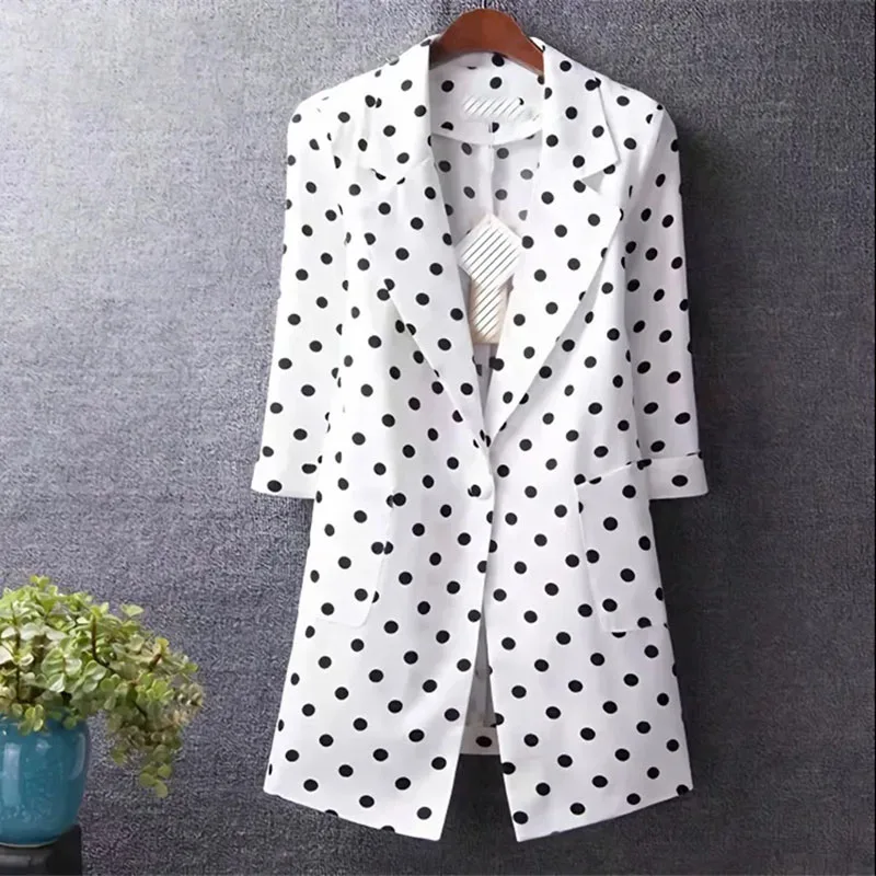 

2023 Women's Polka-Dot Suit Jacket Spring Summer Fashion Jackets Cropped Sleeve Fashion Blazer Vintage Loose Outwear Coat Female