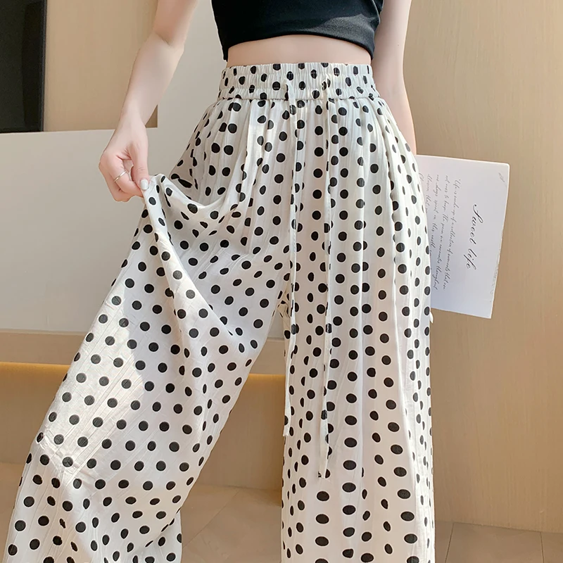 

2024 Summer Printed Dot Women Casual Pants Lady Ice Silk Baggy Wide Leg Straight Leg Trousers Female Loose High Waisted Slacks